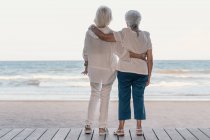 Вид ззаду друзів-жінок, які обіймаються на пляжі і дивляться на море в літній день, пам'ятаючи старі часи — стокове фото
