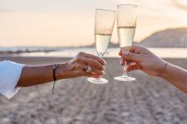 Mère et fille méconnaissables glands de vin et de proposer des toasts tout en célébrant la réunion de famille sur la plage de sable fin en soirée — Photo de stock