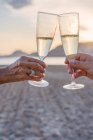 Mère et fille méconnaissables glands de vin et de proposer des toasts tout en célébrant la réunion de famille sur la plage de sable fin en soirée — Photo de stock