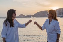 Mother and young daughter clinking glasses of wine and laughing while celebrating family reunion in evening on resort — Stock Photo