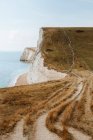 Picturesque view of blue sea and white chalk stone rocks with wheel track on grass near Durdle Door on daytime — Stock Photo