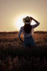 Обратный вид на стильную молодую женщину на большом лавандовом поле в сельской местности на закате . — стоковое фото