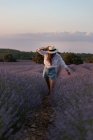 Stylish young girl walking near flowers in large lavender field in countryside. — Stock Photo