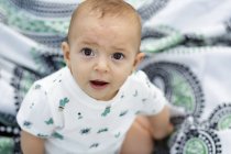 Joyful charming baby sitting on blanket and looking at camera — Stock Photo