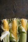 Desde arriba de la disposición de mazorcas de maíz frescas cosechadas sobre fondo negro - foto de stock