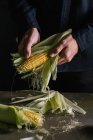 Mains d'une personne méconnaissable épluchant du maïs frais — Photo de stock