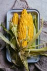 Fresh ripe corn in green leaves on metal tray on marble table — Stock Photo