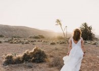Вид ззаду жінки в білій сукні, що стоїть у сухому полі на сонячному світлі — стокове фото