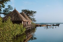 Maisons avec toit de chaume situé près des arbustes et des arbres sur la rive du lac calme avec des bateaux par temps sans nuages en Gambie — Photo de stock