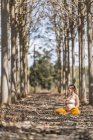 Спокойная беременная женщина, практикующая йогу, сидя в позе лотоса на земле в парке в солнечный день — стоковое фото