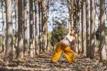 Концентрована доросла майбутня мати практикує йогу в парку — стокове фото