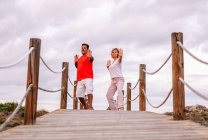 Couple practicing martial arts on lumber path — Stock Photo