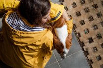 From above woman in yellow jacket hugging English Pointer dog — Stock Photo