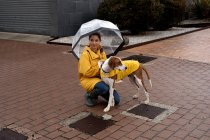 Woman in yellow jacket holding umbrella with English Pointer in yellow cloak on leash in rain in street — Stock Photo