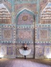 Mulher vestindo uma bailarina tutu admirando ornamentos em paredes de edifício antigo enquanto visitava Samarcanda, Uzbequistão — Fotografia de Stock