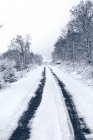Strada di campagna vuota coperta di neve con tracce di auto che conducono via e foresta lungo la carreggiata in tempo invernale cupo nuvoloso — Foto stock