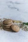 Nahaufnahme köstlicher Haferflockenkekse auf Marmor-Hintergrund — Stockfoto