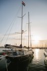 Yachts exquis amarrés dans l'eau calme dans une journée lumineuse à Port Valencia, Espagne — Photo de stock