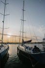 Exquisitos yates amarrados en aguas tranquilas en un día brillante en Port Valencia, España - foto de stock