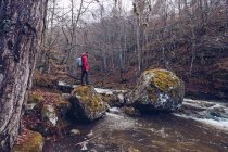 Vista lateral del hombre barbudo con mochila caminando sobre rocas por el río de montaña en árboles fríos sin hojas durante el día de otoño - foto de stock