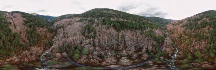 Belo vale de montanha com torrente correndo em encosta rochosa por árvores nuas em dia sombrio, panorama — Fotografia de Stock