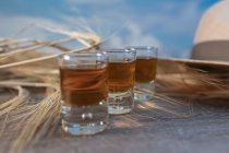 Whisky shots avec chapeau et blé sur table rustique — Photo de stock