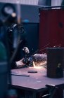 Professional welder in mask welding metal — Stock Photo