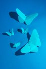 Хрупкие голубые бабочки из бумаги и прикрепленные к голубой шелковой ткани — стоковое фото