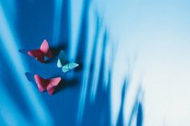 Хрупкие бабочки из бумаги, прикрепленные к голубой шелковой ткани с пальмовой тенью — стоковое фото