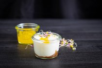 Mousse de queijo de cabra caramelizado cebola e extra virgem caviar azeite — Fotografia de Stock