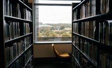 Étagères dans la chambre avec chaise confortable fenêtre à proximité dans la bibliothèque du Texas — Photo de stock