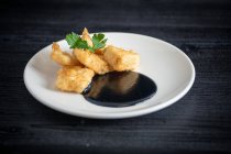 Frisch appetitlich Seehecht paniert mit Tintenfischcreme in weißem Teller auf grauem Hintergrund — Stockfoto