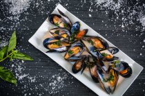 Steamed mussels with Thai sauce in white plate — Stock Photo