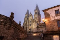 Santiago de Compostela Cathedral at misty foggy night after rain, Galicia, Spain. — Stock Photo