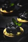 Primo piano di piccole torte fatte in casa con more e deliziosa crema di vaniglia e menta su sfondo scuro — Foto stock