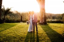 Elegante pareja de recién casados en trajes de novia abrazando y besándose con plantas verdes y mera en el día soleado - foto de stock