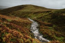 Landschaft des Gebirgsbaches, der an bewölkten Tagen durch die herbstlichen Hügel in Schottland fließt — Stockfoto