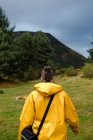 Вид ззаду жінки в жовтому плащі, що йде в лісі — стокове фото