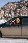 Mulher inclinada para fora janela do carro no vale nevado — Fotografia de Stock