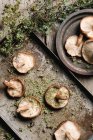 Pile of fresh brown mushrooms on rustic wooden table — Stock Photo