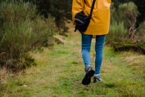 Cropped image of woman in yellow raincoat walking in forest — Stock Photo