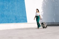 Vista lateral de una joven turista llevando un equipaje mientras camina por la calle - foto de stock