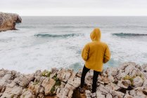 Back view of traveler in yellow warm hoodie standing alone on rocky shore looking at foamy waves on cloudy day — Stock Photo