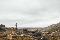 Viajante desfrutando de vista em terreno rochoso com céu nublado na Nova Zelândia — Fotografia de Stock