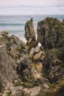 Dall'alto di rocce ricoperte di piante costiere con onde e cielo nuvoloso a Pancake Rocks in Nuova Zelanda — Foto stock