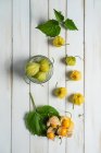 From above Physalis fruit with leaves and glass jar on a wooden white table boards. — Stock Photo