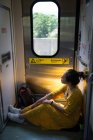 Joyeuse voyageuse en robe élégante au train — Photo de stock