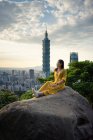 Молодая отдыхающая леди наслаждается видом на скалу в большом городе — стоковое фото