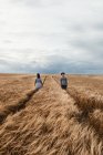Donna in abito e uomo in cappello che camminano in direzioni opposte su sentieri paralleli tra sconfinati campi scozzesi — Foto stock