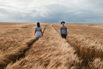 Donna in abito e uomo in cappello che camminano in direzioni opposte su sentieri paralleli tra sconfinati campi scozzesi — Foto stock